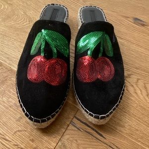 Cherry sequin espadrilles black slide mules 7